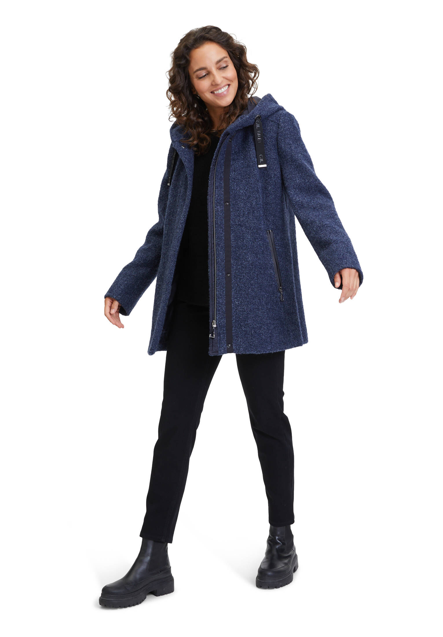 Gil Bret Damen Wolljacke Mit Kapuze – Bouclé-Wollmischung, Sportiv-modern, Reißverschlusstaschen