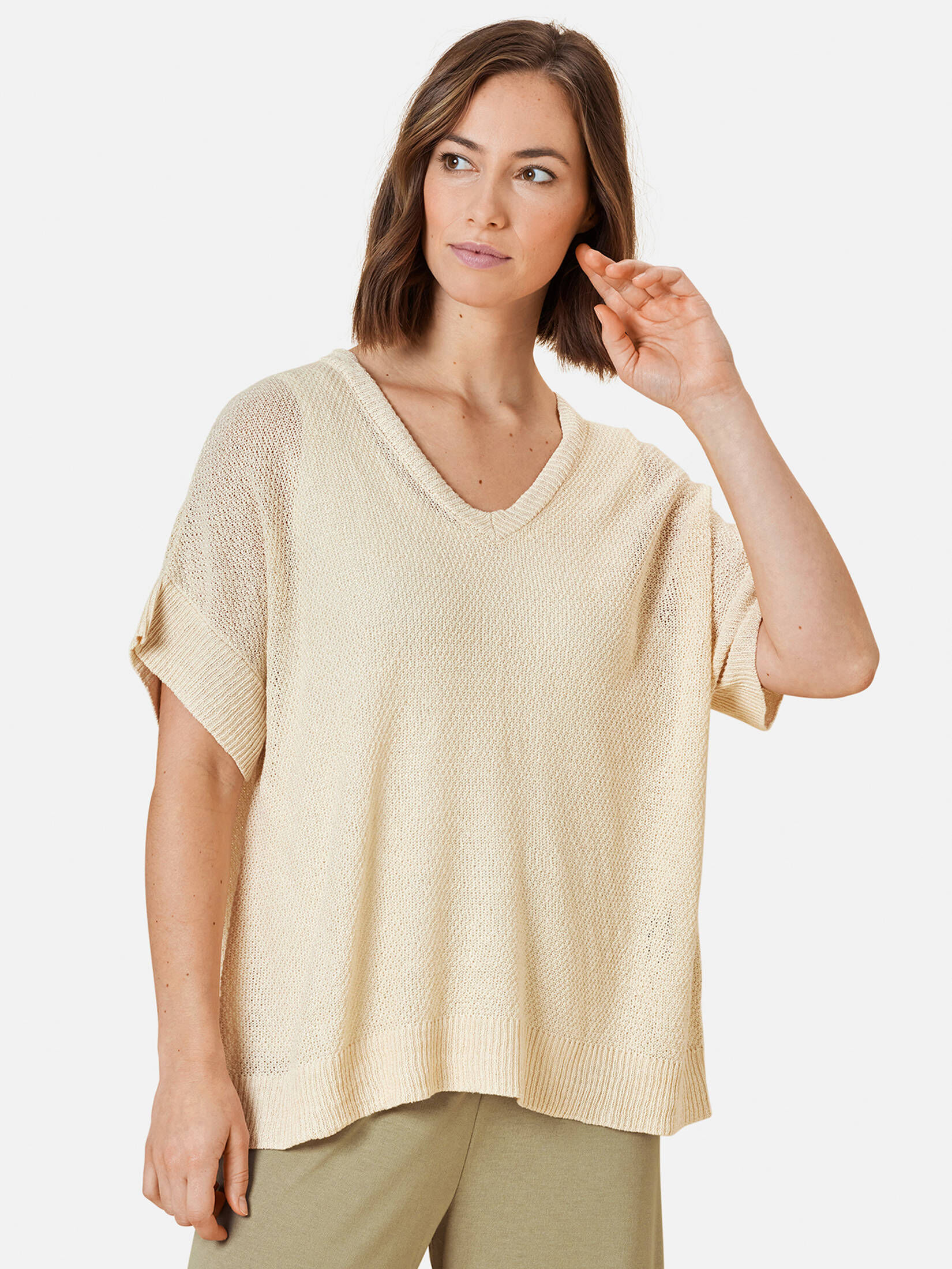 Pull Beige Masai Taille L - Maille Coton/polyester, Motifs Géométriques, Manches Courtes, Occasion Très Bon état