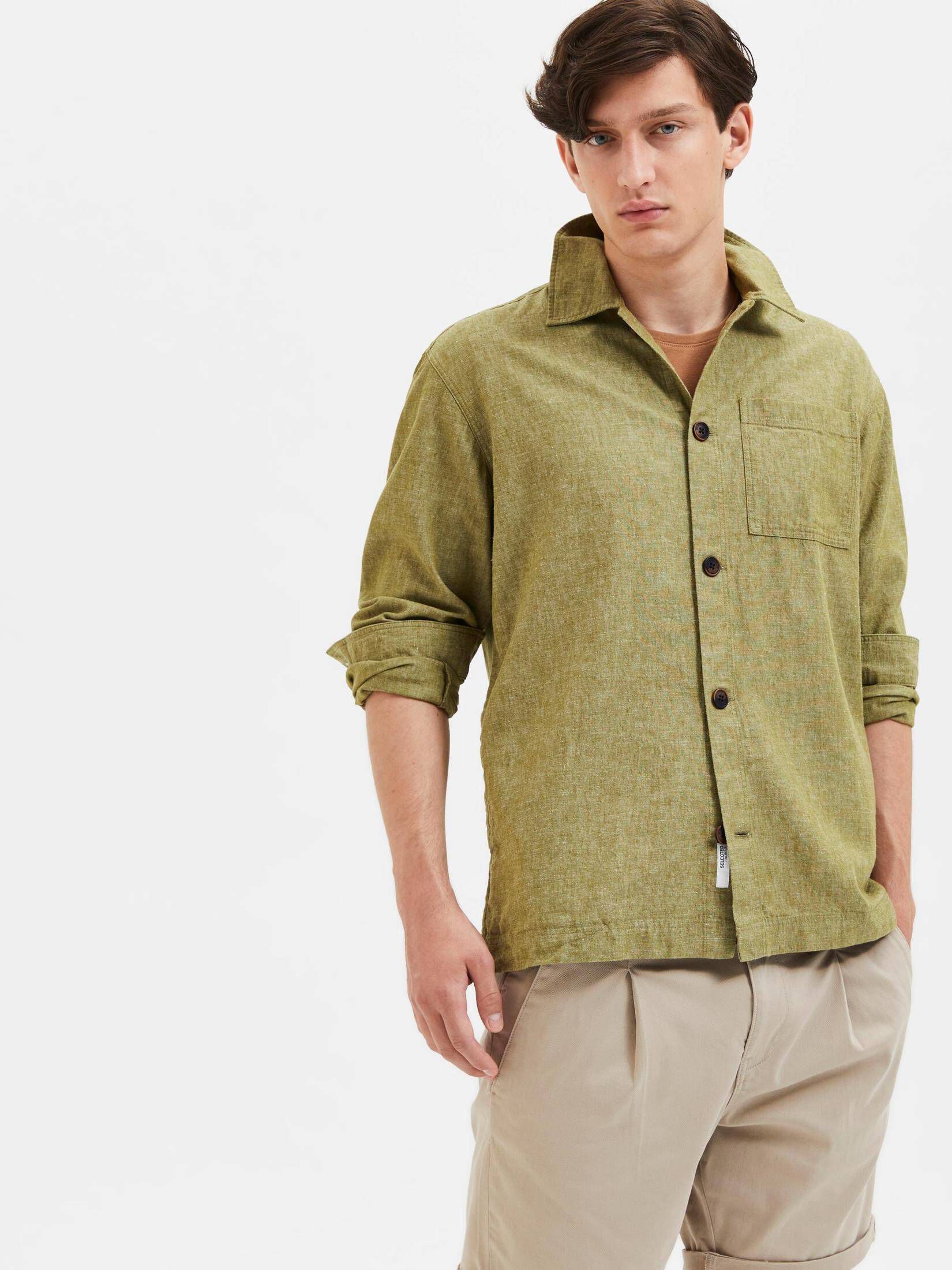 Selected Homme Overshirt In Mistoa Lino: Camicia Giacca Uomo Maniche Lunghe, Vestibilità Ampia, Colletto A Risvolto
