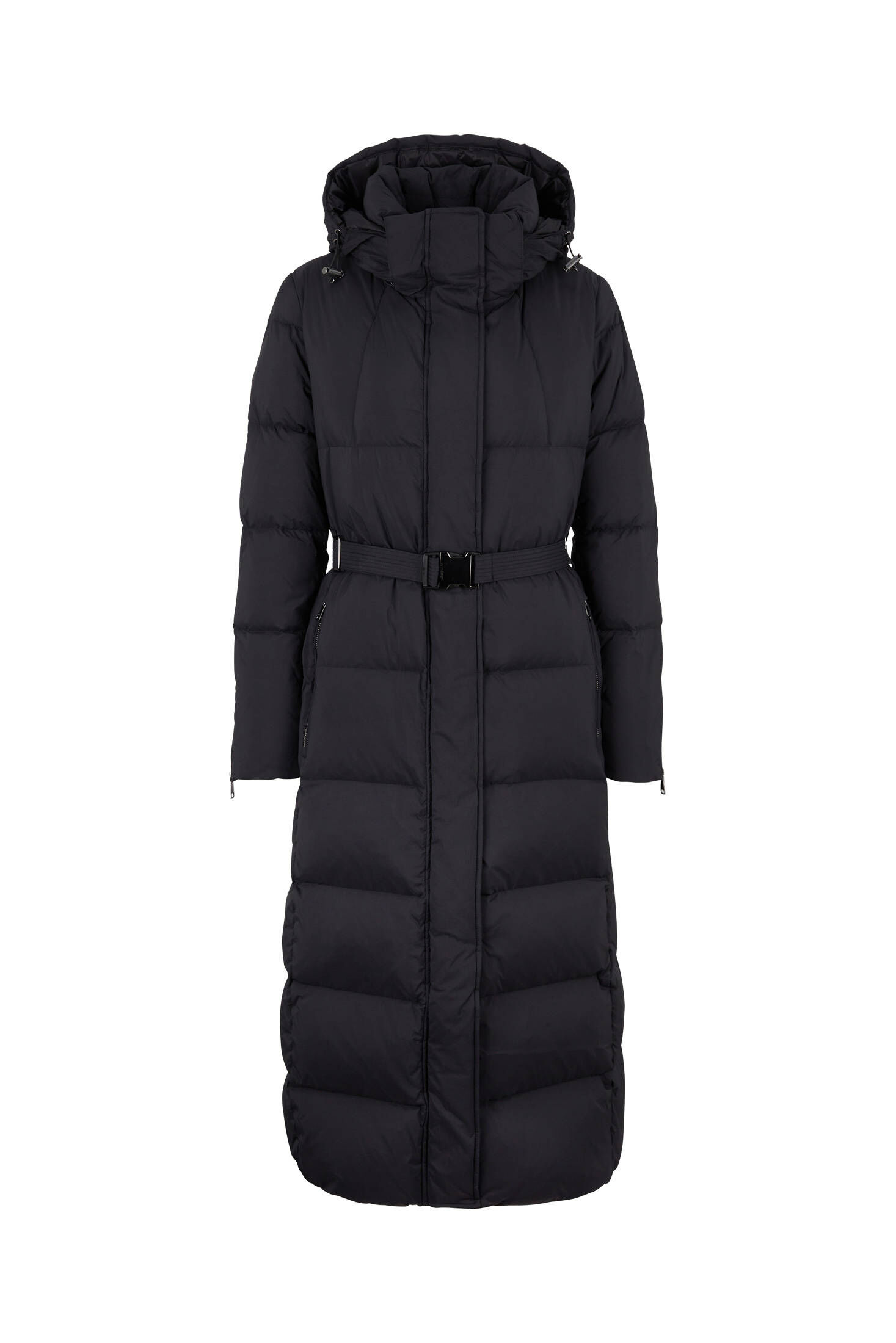 Wintermantel Damen Langer Schwarzer Daunenmantel Mit Kapuze Gürtel