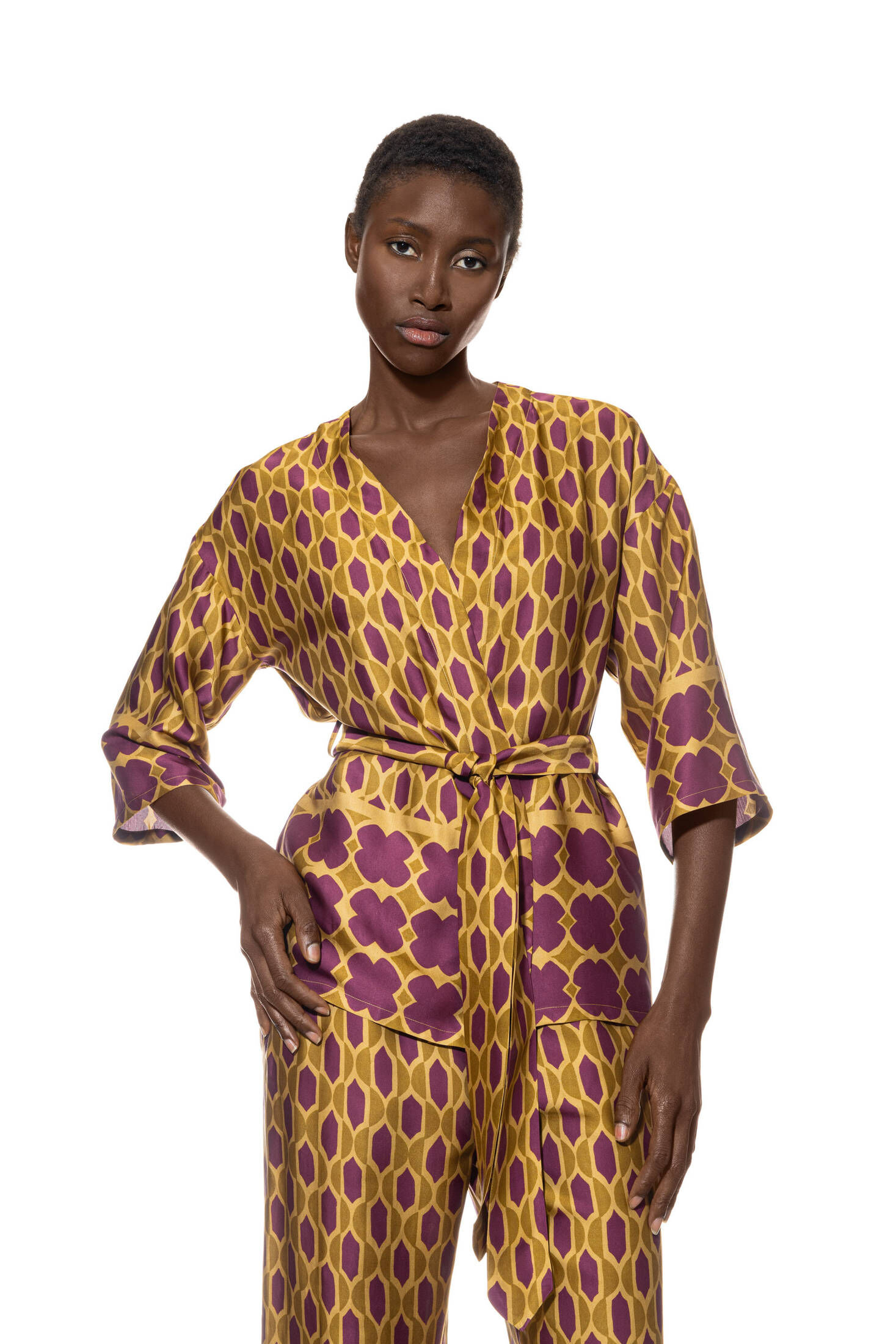 Damen Kimono Set Mit Geometrischem Druck - Lange Jacke & Weite Hose - Boho Style 2-teilig