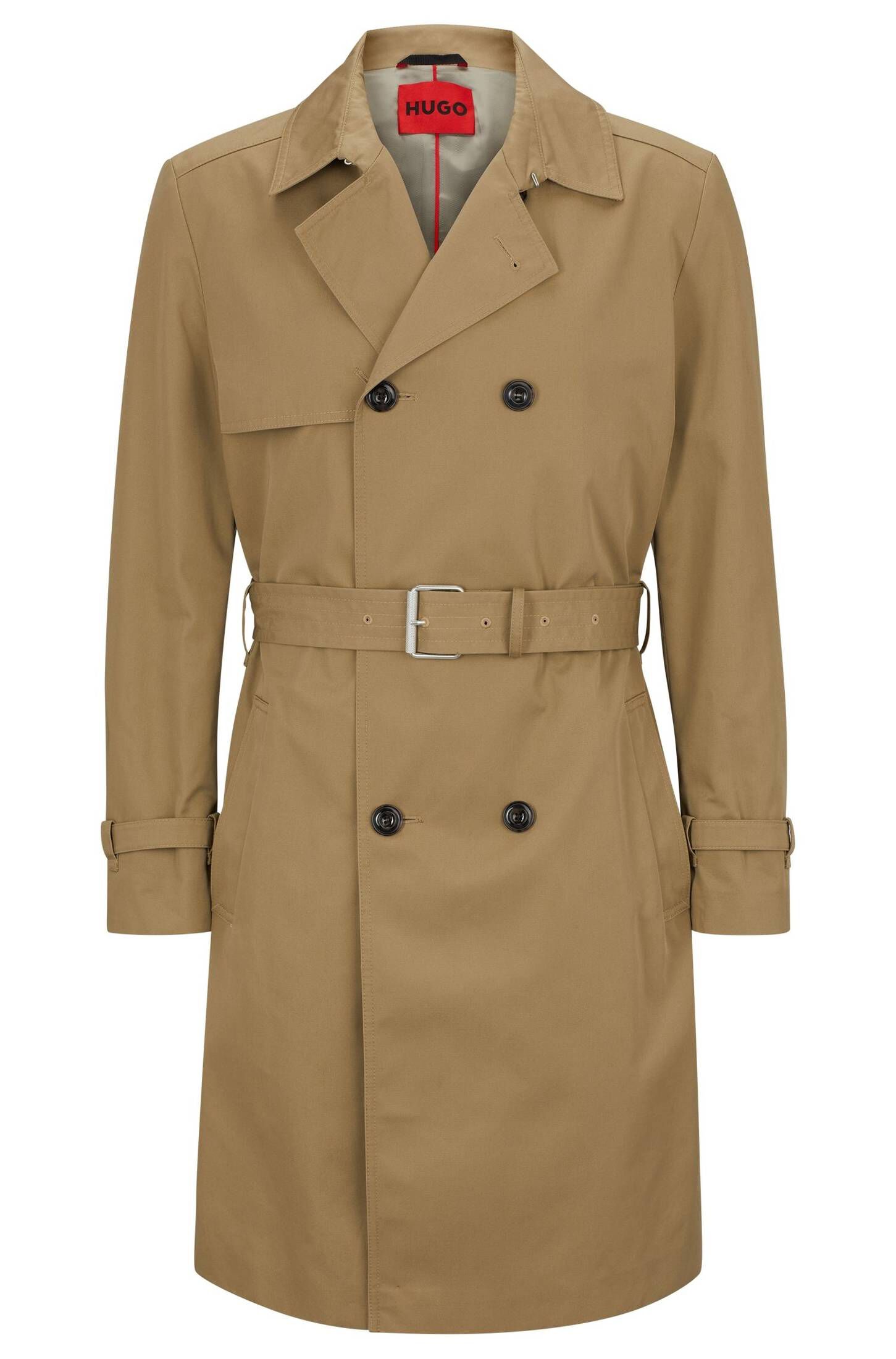 HUGO Trench Coat Maluks2341 10236847 - Impermeabile Beige Con Cintura, 65% Poliestere Riciclato E 35% Cotone