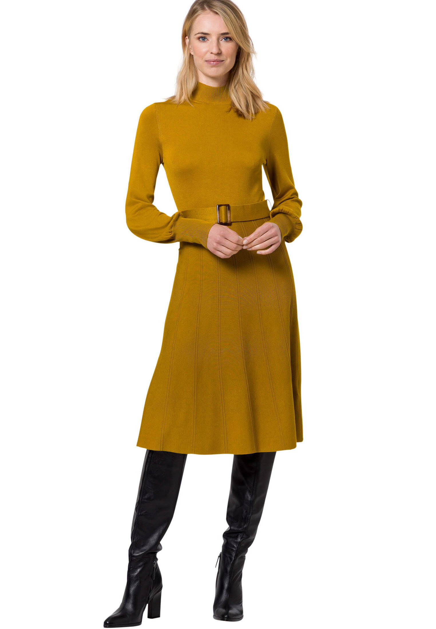 Zero Damen Strickkleid Mit Gürtel – Figurbetontes Langarmkleid In Unifarben, Inklusive PU-Gürtel