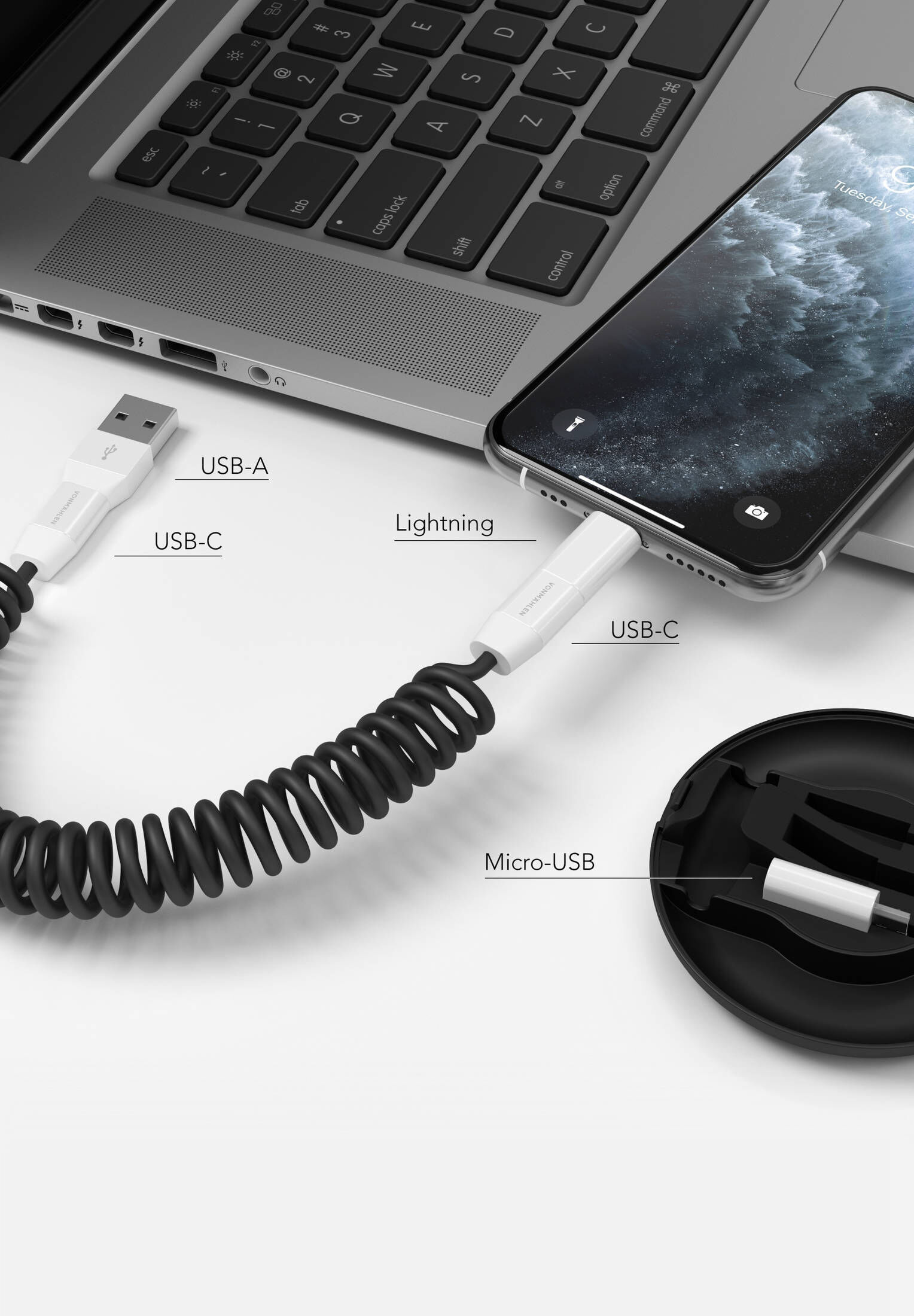 VONMÄHLEN Allroundo Ladekabel – Mit Allen Adaptern (USB-C/A, Lightning, Micro-USB) Bis 50 Cm