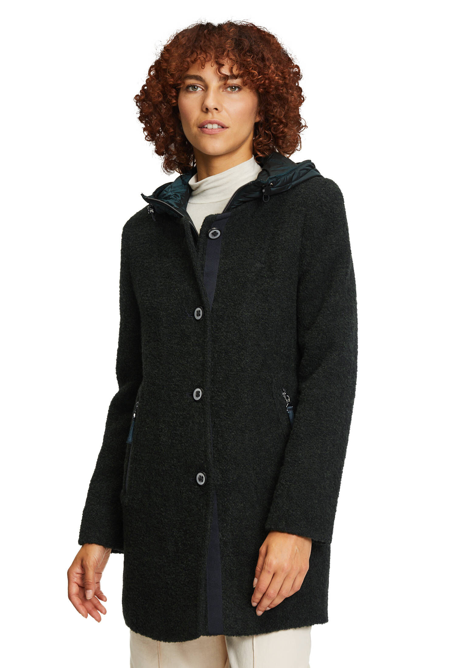 Gil Bret Damen Wolljacke Mit Kapuze – Bouclé-Wollmischung, Sportiv-modern, Reißverschlusstaschen