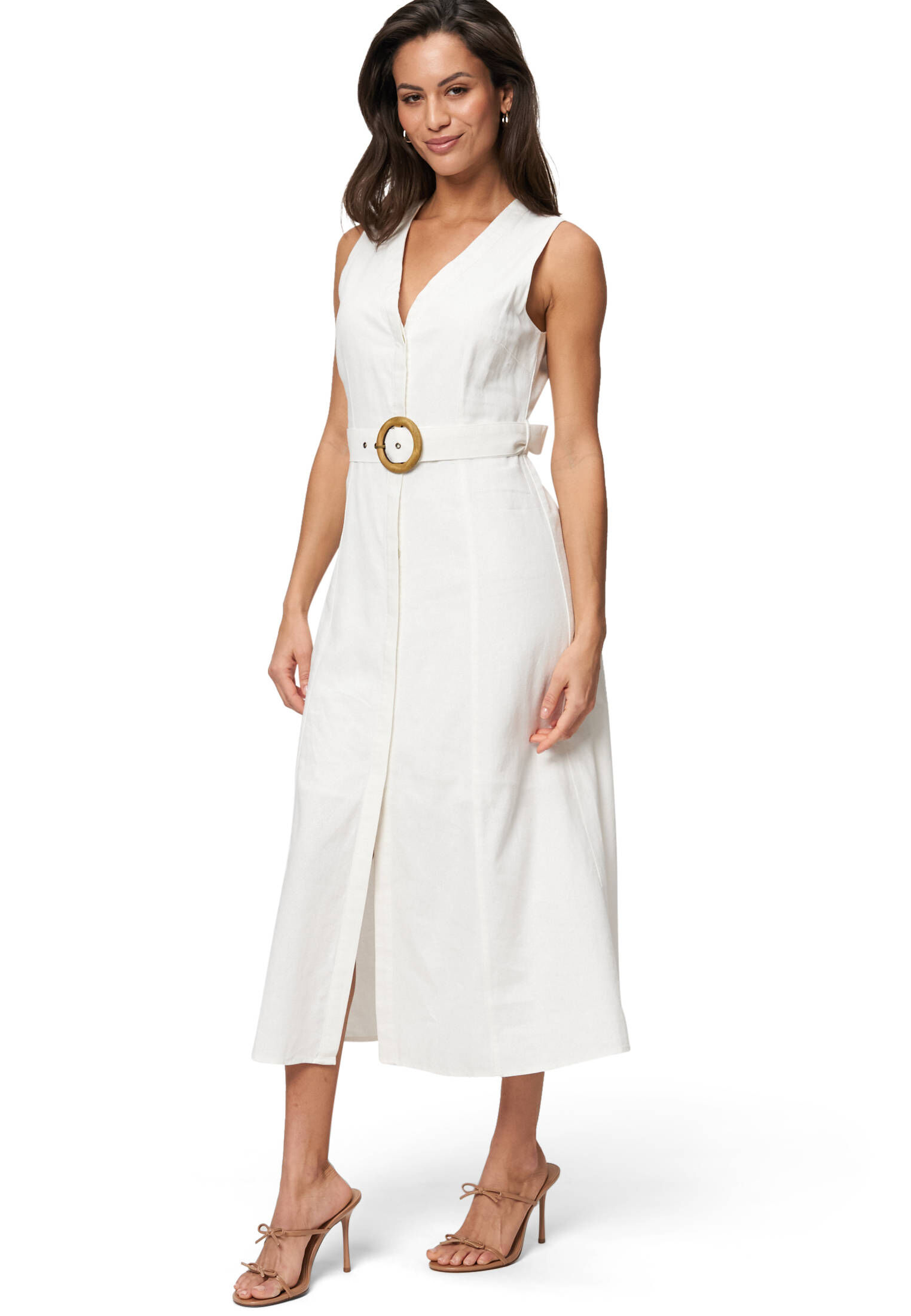 Damen Gürtel Midi Kleid - Mandarin Kragen mit Taschen