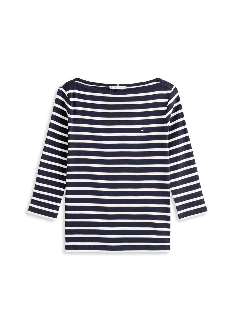 Tommy Hilfiger Damen Blau/Weiss T-Shirt New Cody Mit U-Boot-Ausschnitt, Gr. S